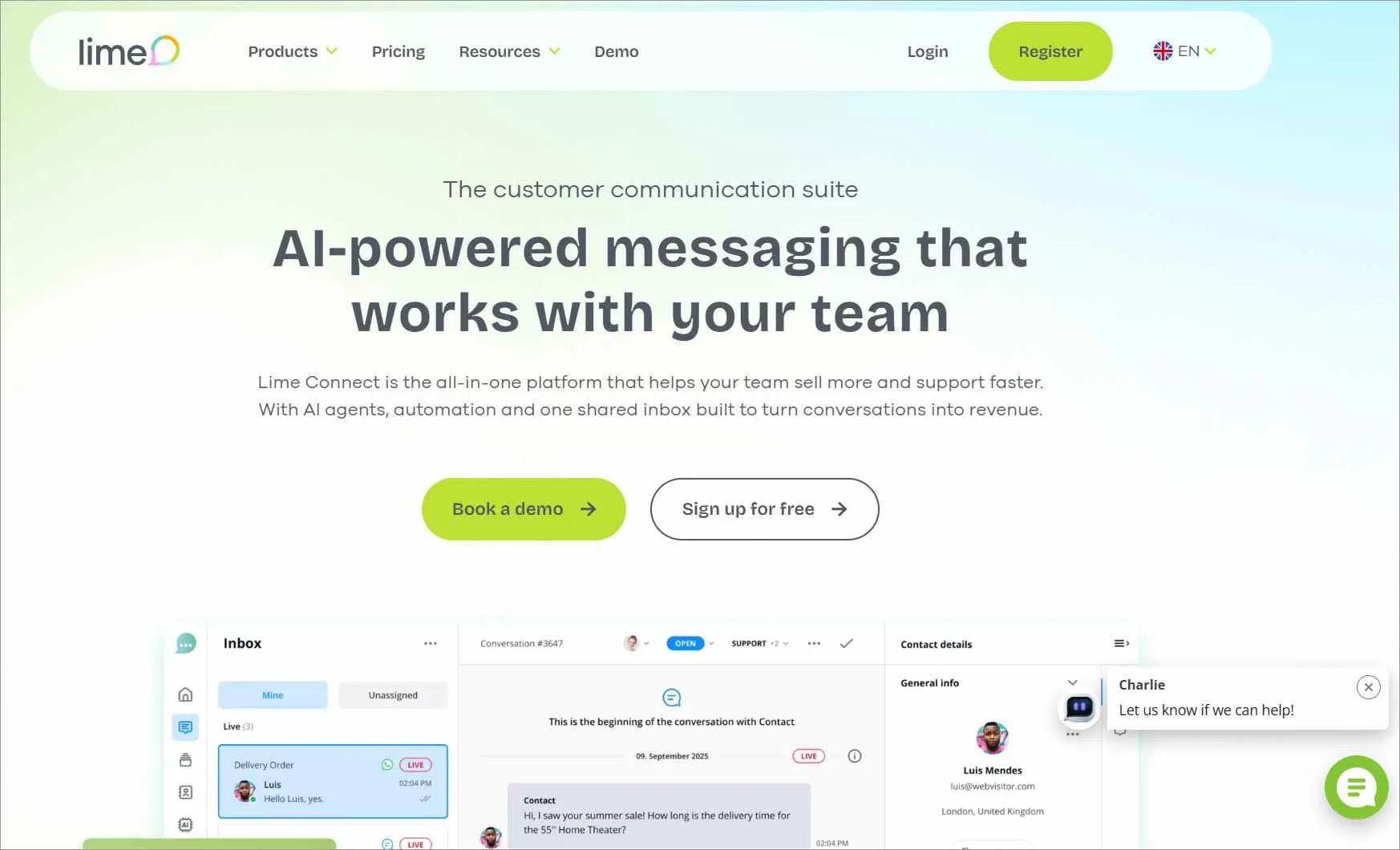 Lime homepage for AI messaging with nav links, promo text, inbox UI, chat bubble, and green-blue professional, inviting tone.