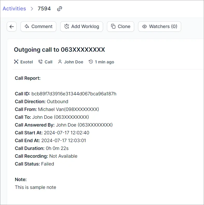 Exotel call log interface displays failed status, Call ID, direction, duration, and a sample note section underneath.