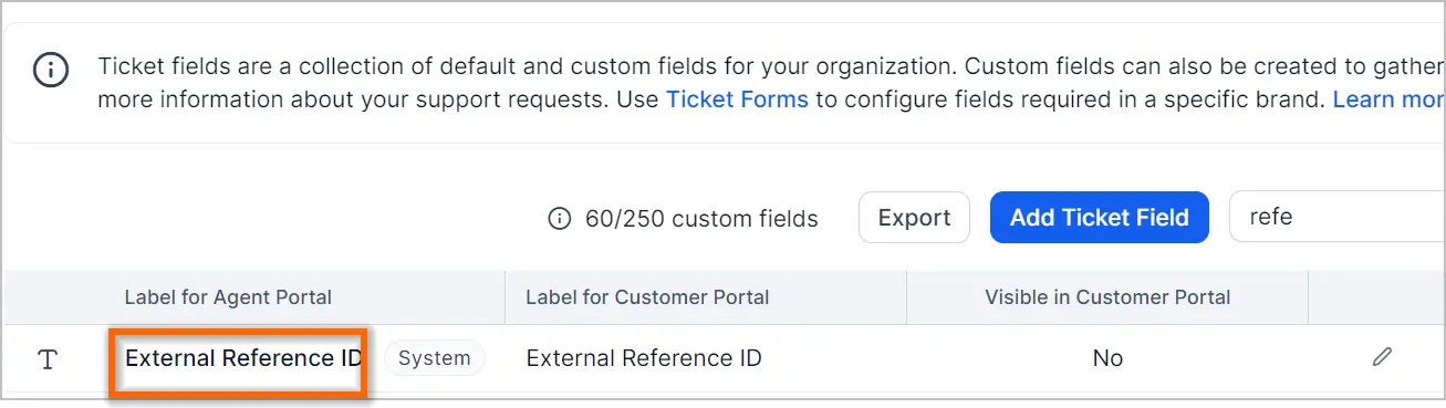 Ticket management UI with 'External Reference ID' field, customization options, and 'Add Ticket Field' button.