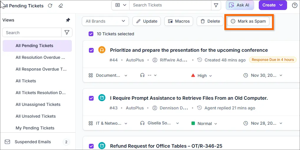 Bulk Mark Tickets as Spam