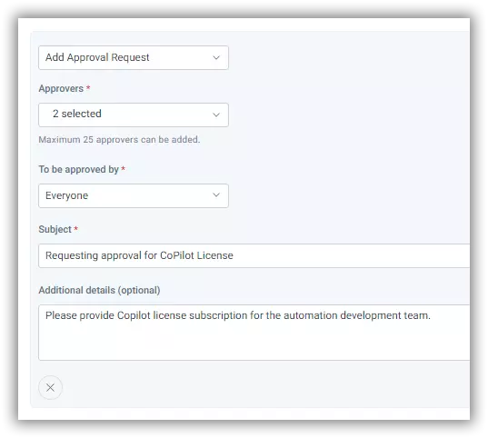 Screenshot of approval form with fields for approvers, type, subject, and notes; CoPilot license is being requested.