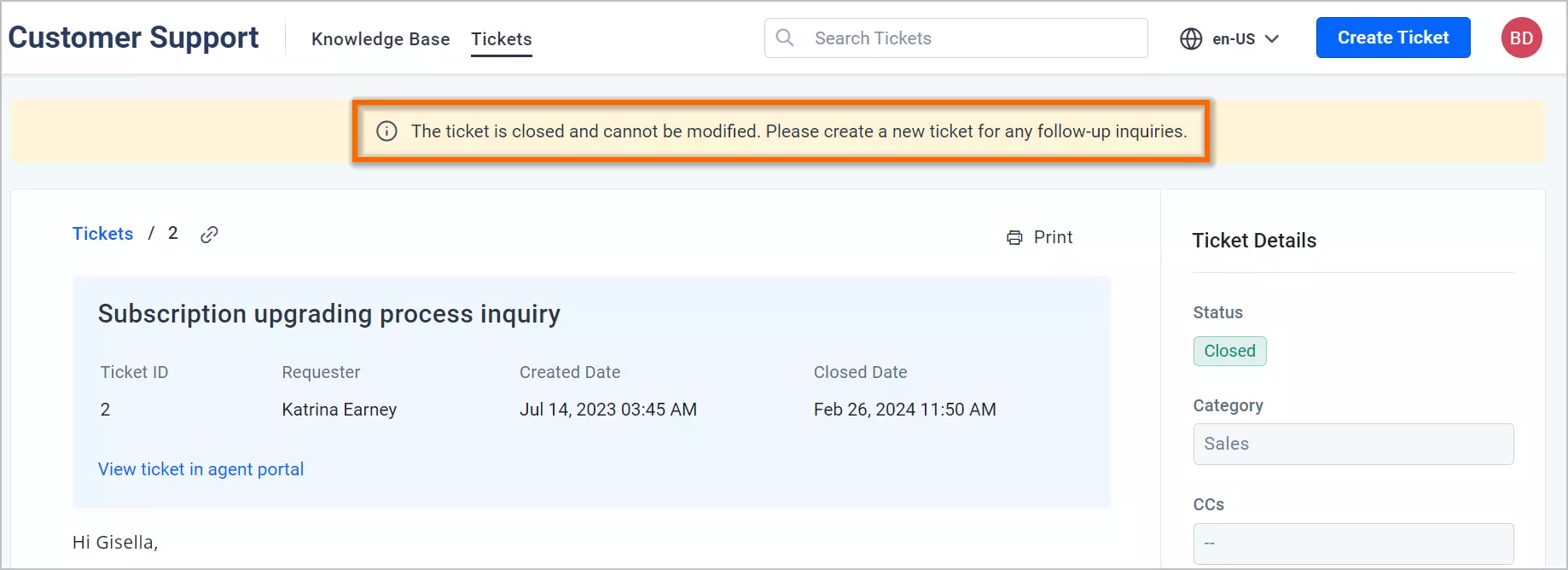 Customer support screen showing closed ticket from Katrina Earney about subscription upgrade; closed Feb 26, 2024. 