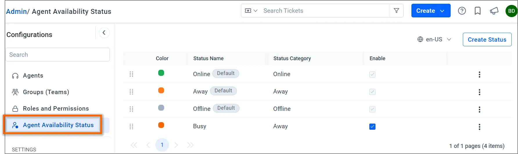 Interface for configuring agent availability; status list with enable/disable toggles; sidebar includes Agents, Groups, Roles.