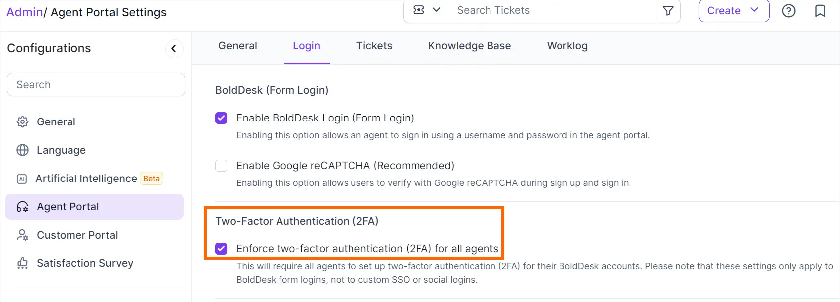 Agent Portal Settings page with “Login” tab selected; Two-Factor Authentication (2FA) settings section is highlighted.