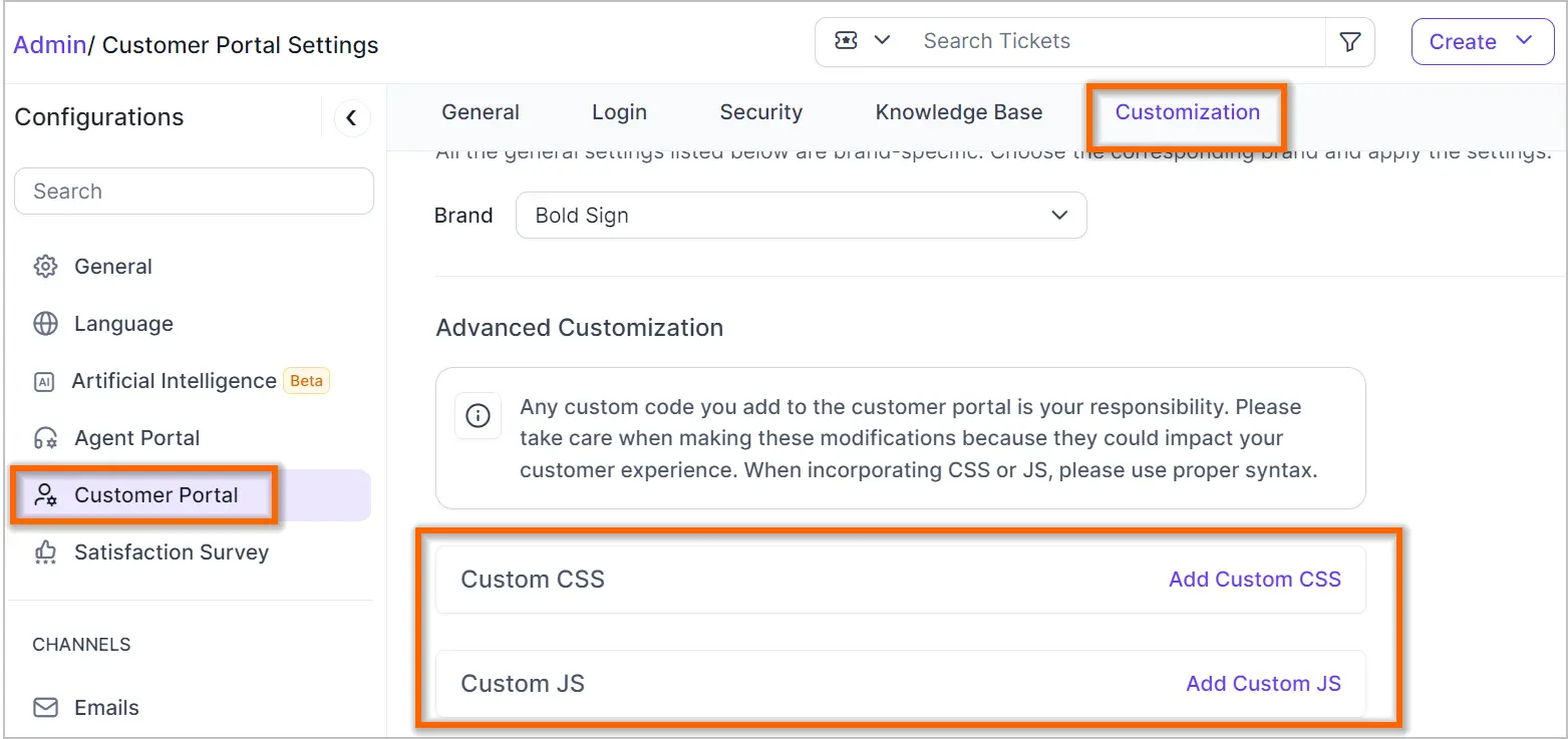 Admin portal settings screen with “Customer Portal” and “Customization” tabs; Custom CSS and JS sections highlighted.