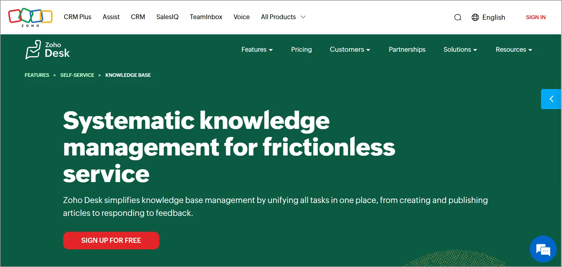 Clean Zoho Desk page promoting knowledge management, green background, white text highlights service, signup button shown