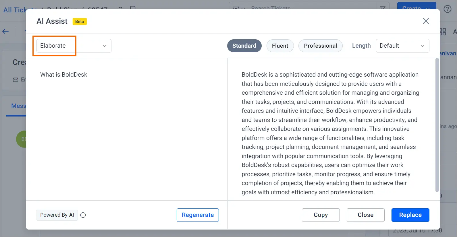 AI writing tool interface with “Elaborate” selected; text highlights BoldDesk’s productivity and workflow features.