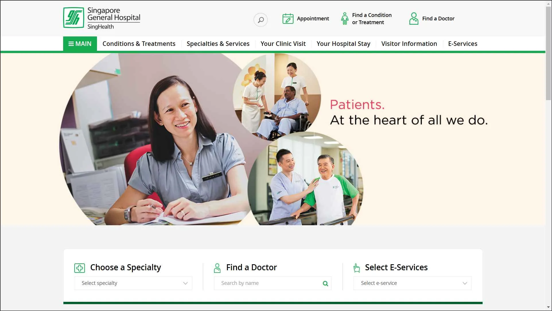 Singapore General Hospital webpage highlighting patient centered care, with healthcare staff supporting patients in a welcoming setting.