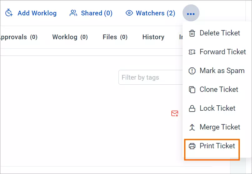 User interface shows dropdown with highlighted options: Delete, Forward, Mark Spam, Clone, Lock, Merge, Print Ticket.