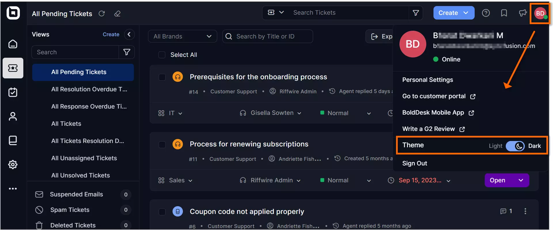 Interface showing support ticket dashboard with dark theme enabled; navigation on left; theme toggle in profile dropdown. 