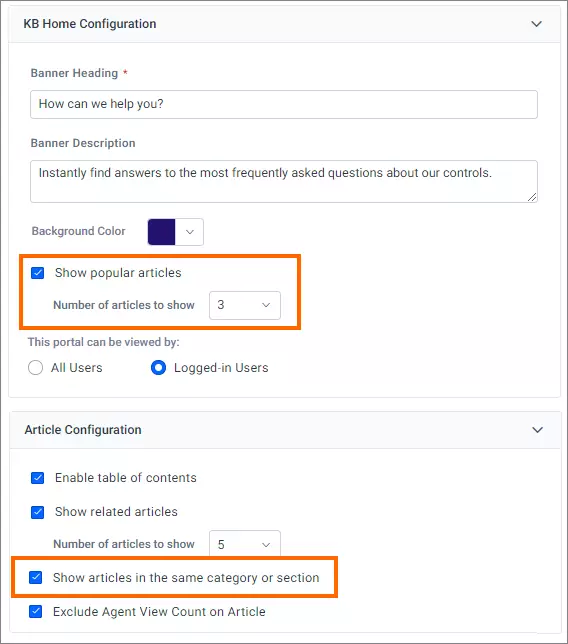 Help portal settings interface with highlighted options to show popular and same-category articles; clean layout.