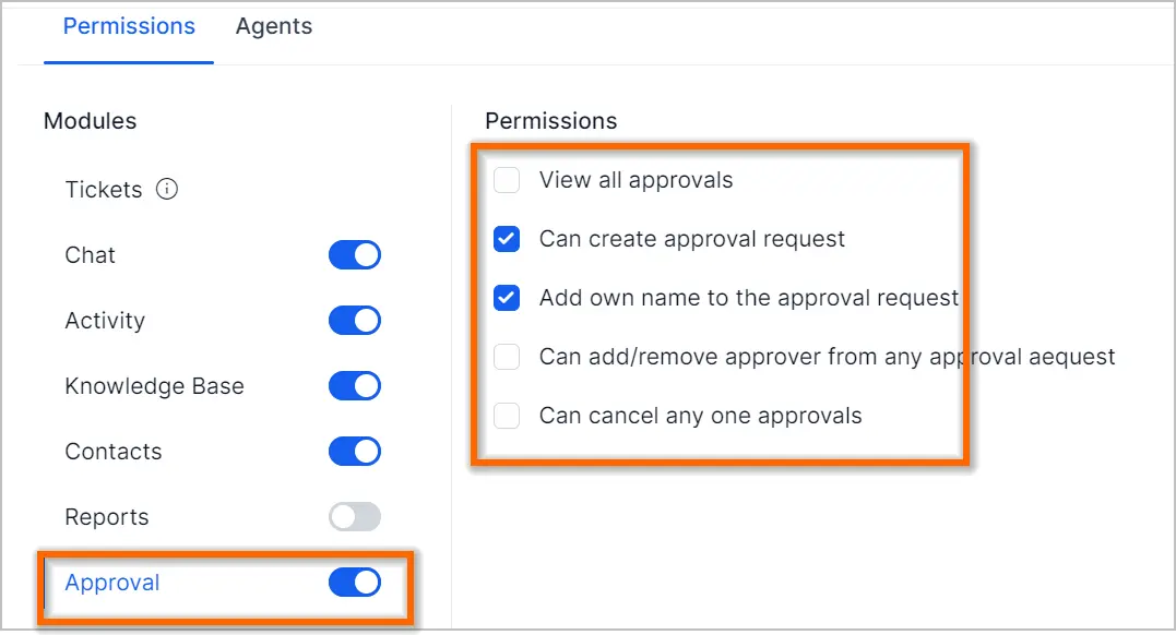 Screenshot of permissions settings showing active 'Tickets' and 'Approval' modules with approval request checked.