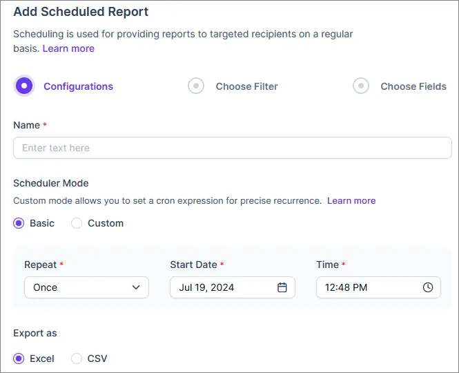 Add Scheduled Report interface with dropdowns for repeat, time, start date, and export format options like Excel, CSV.