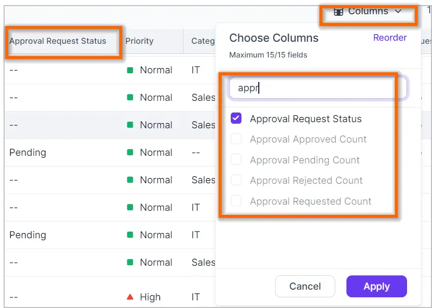 Table UI highlighting “Approval Request Status”; dropdown menu for column selection has “appr.” typed in search field.