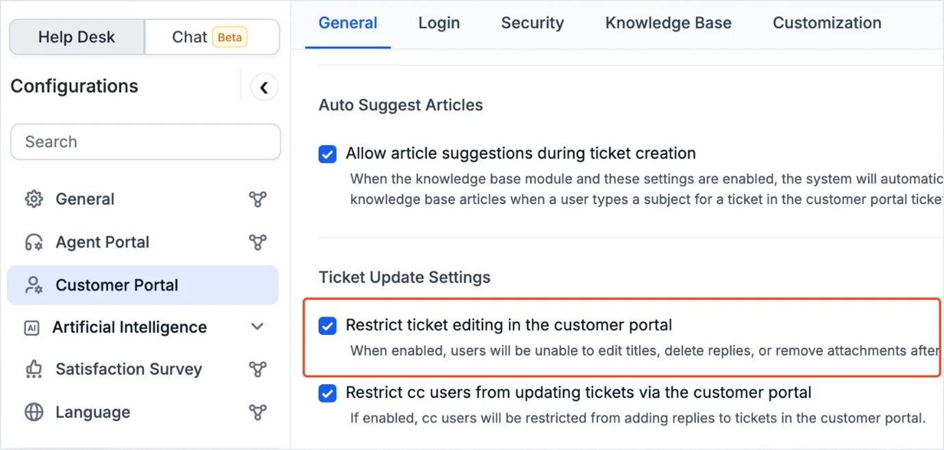 Restrict ticket editing in the customer portal