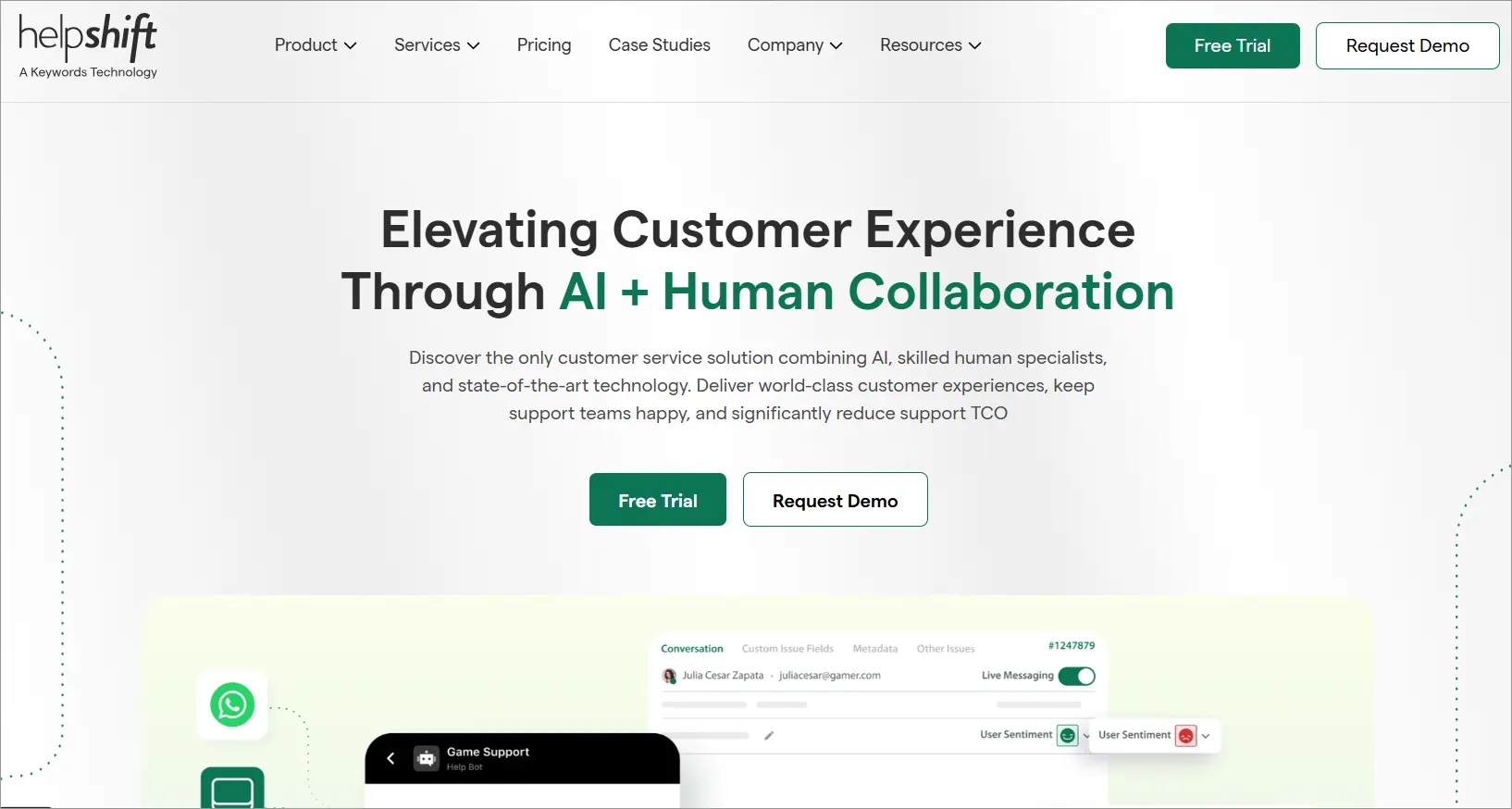 Helpshift website screenshot with a headline 'Elevating customer experience through AI + human collaboration.'