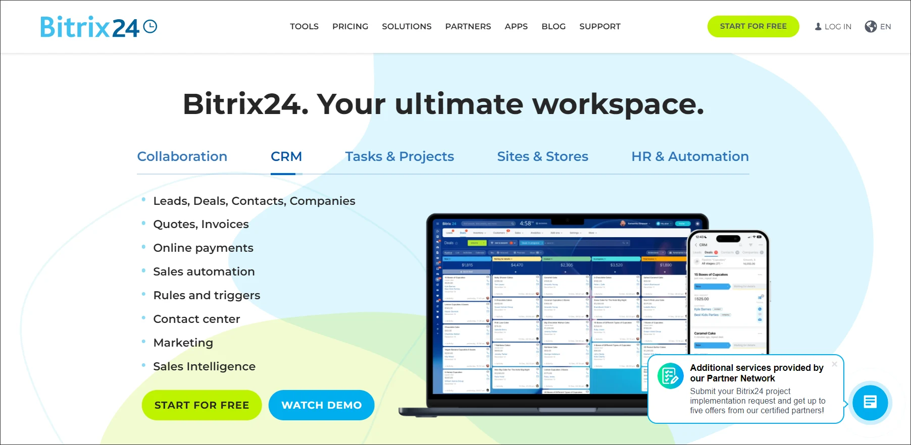 Bitrix24 customer service dashboard showing CRM, communication and customer support tools in a unified workspace
