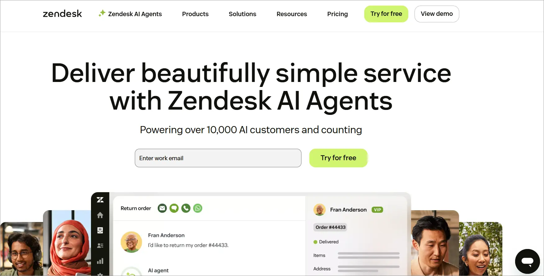 Zendesk customer service software with AI agents for automated support and ticket management.