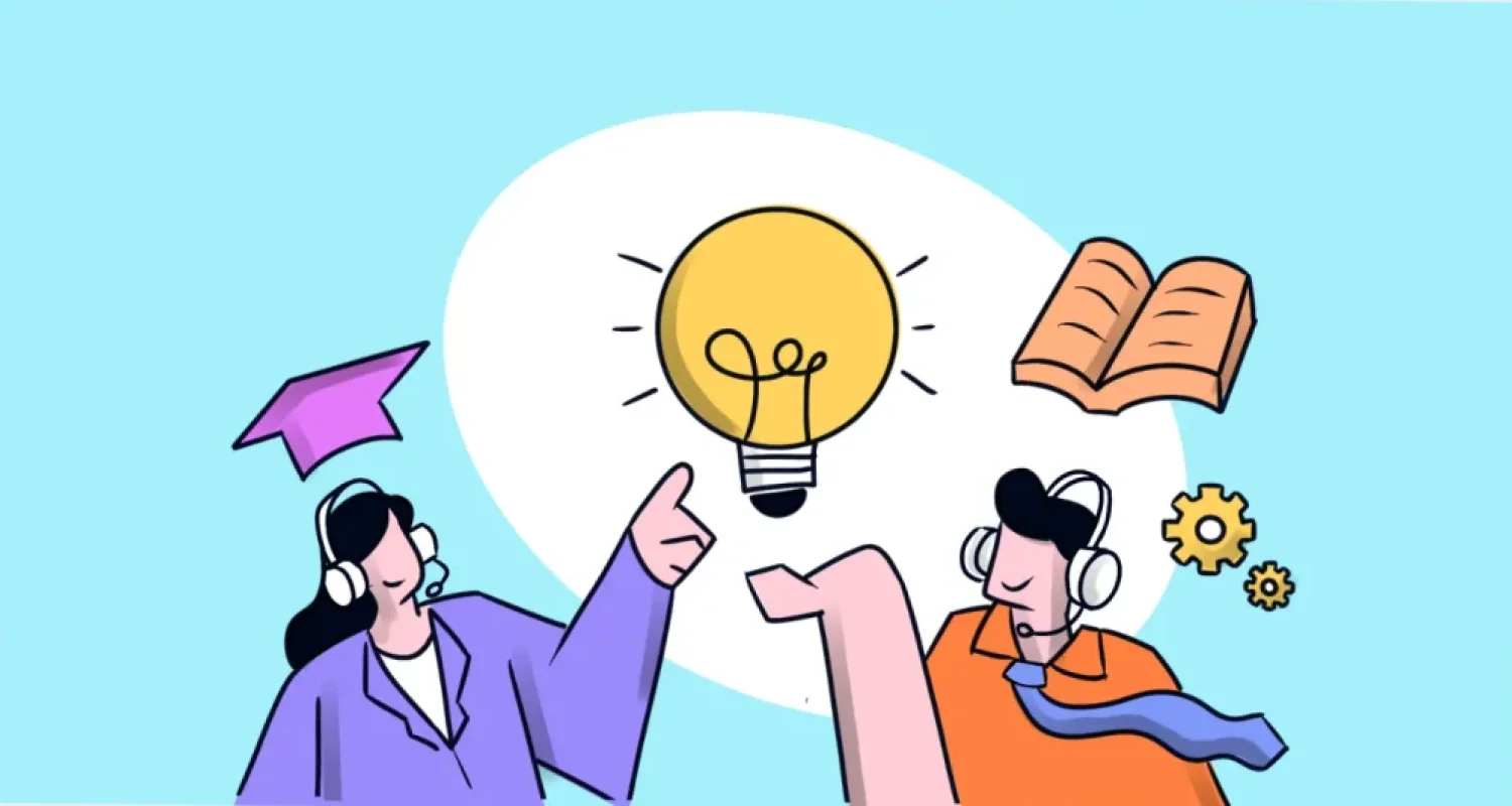 Best knowledge base software illustration with a yellow lightbulb, open book, gear, and headset users on a blue background