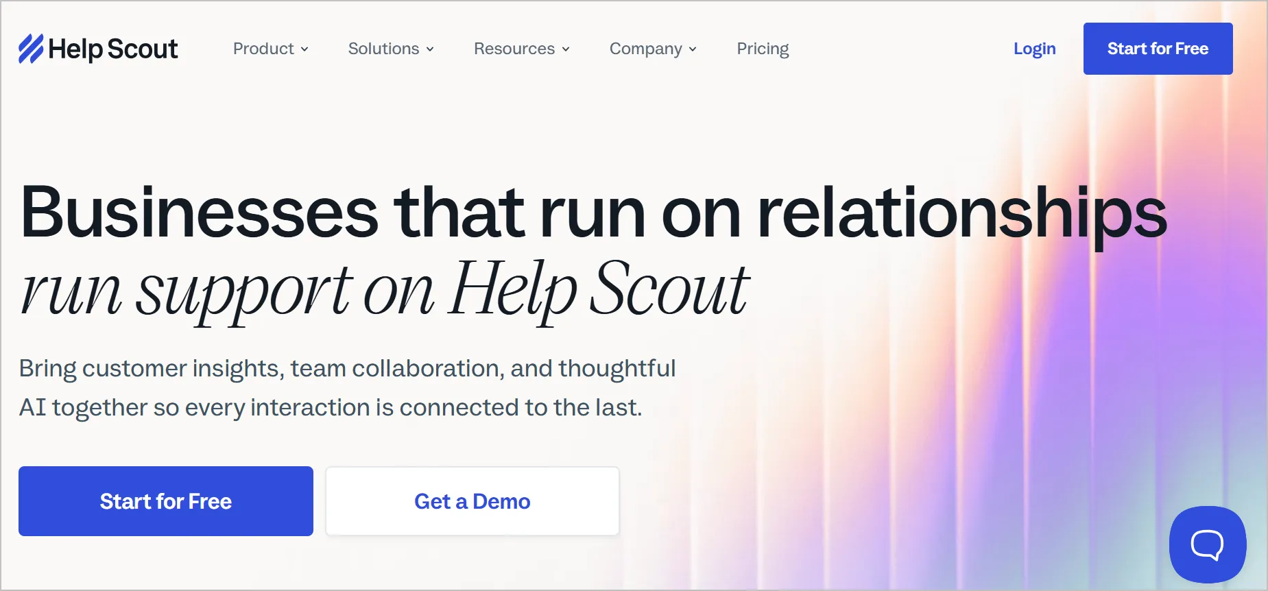 White Help Scout homepage with black text, blue buttons, and pink-to-purple gradient background accents