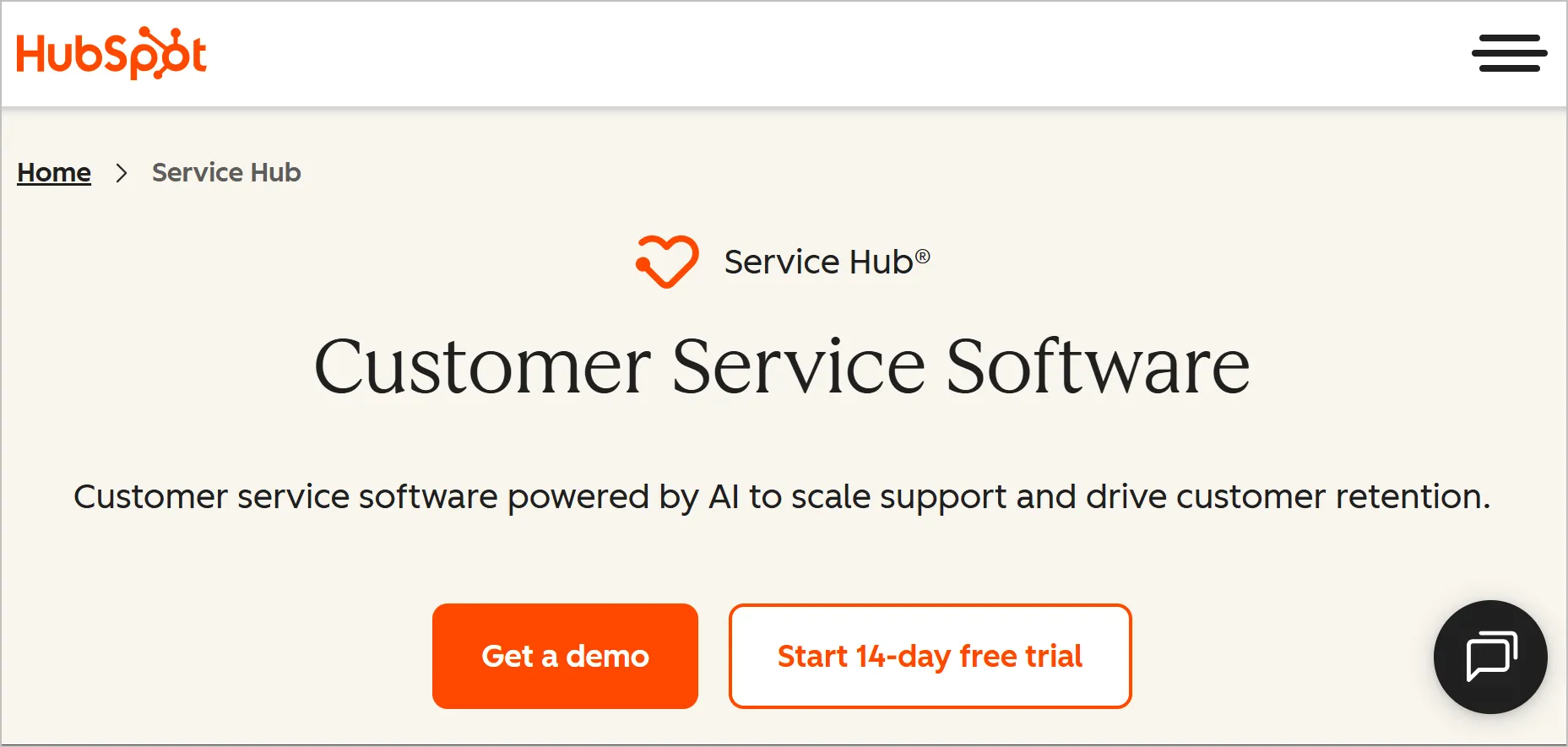 Light beige HubSpot Service Hub page with black text, orange buttons, and minimalist white background
