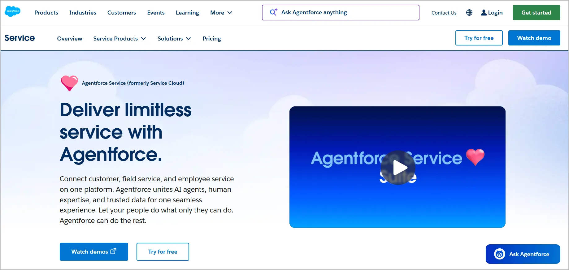 White and light blue Salesforce Agentforce Service page with blue video panel and pink heart icons