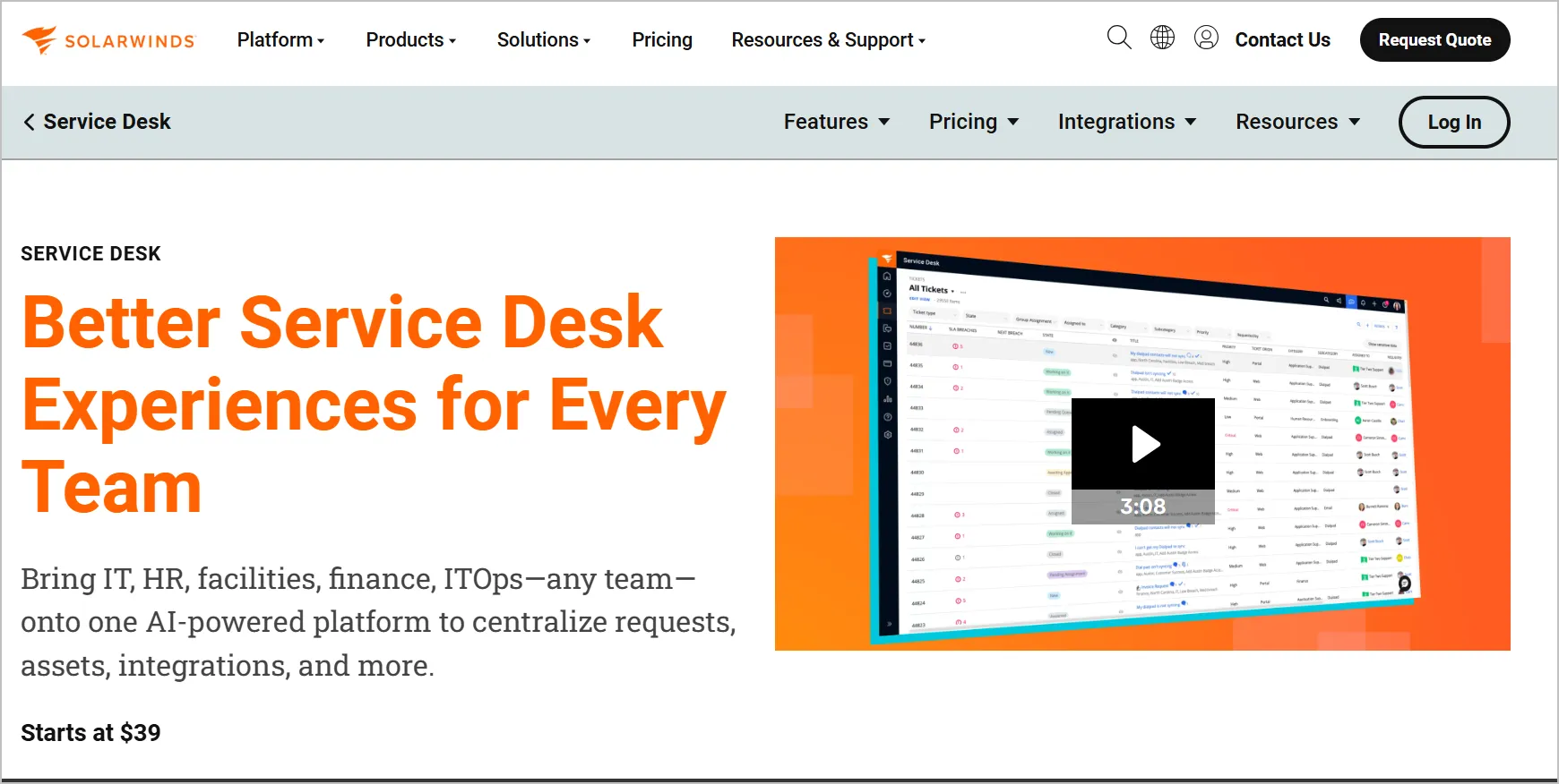White and light gray SolarWinds service desk page with orange headings and ticket management dashboard