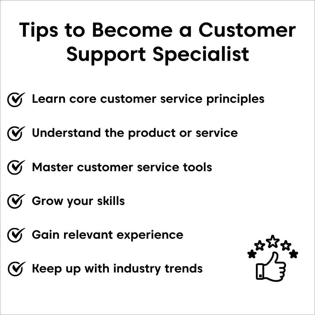 Infographic outlining six tips to become a customer support specialist on a black and white presentation and a five-star rating icon.