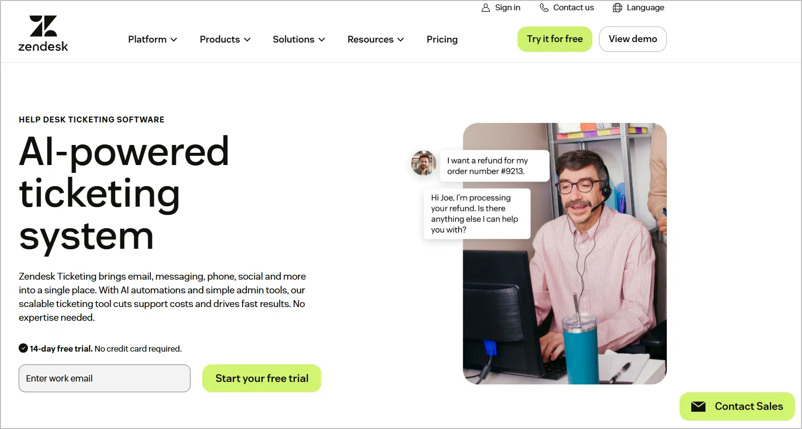 AI-powered ticketing software page with black text, white background, green buttons, and support chat interface
