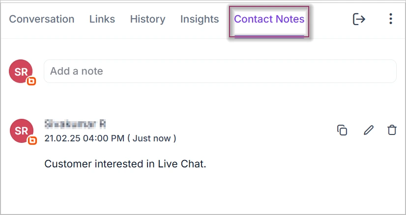Contact notes tab in live chat