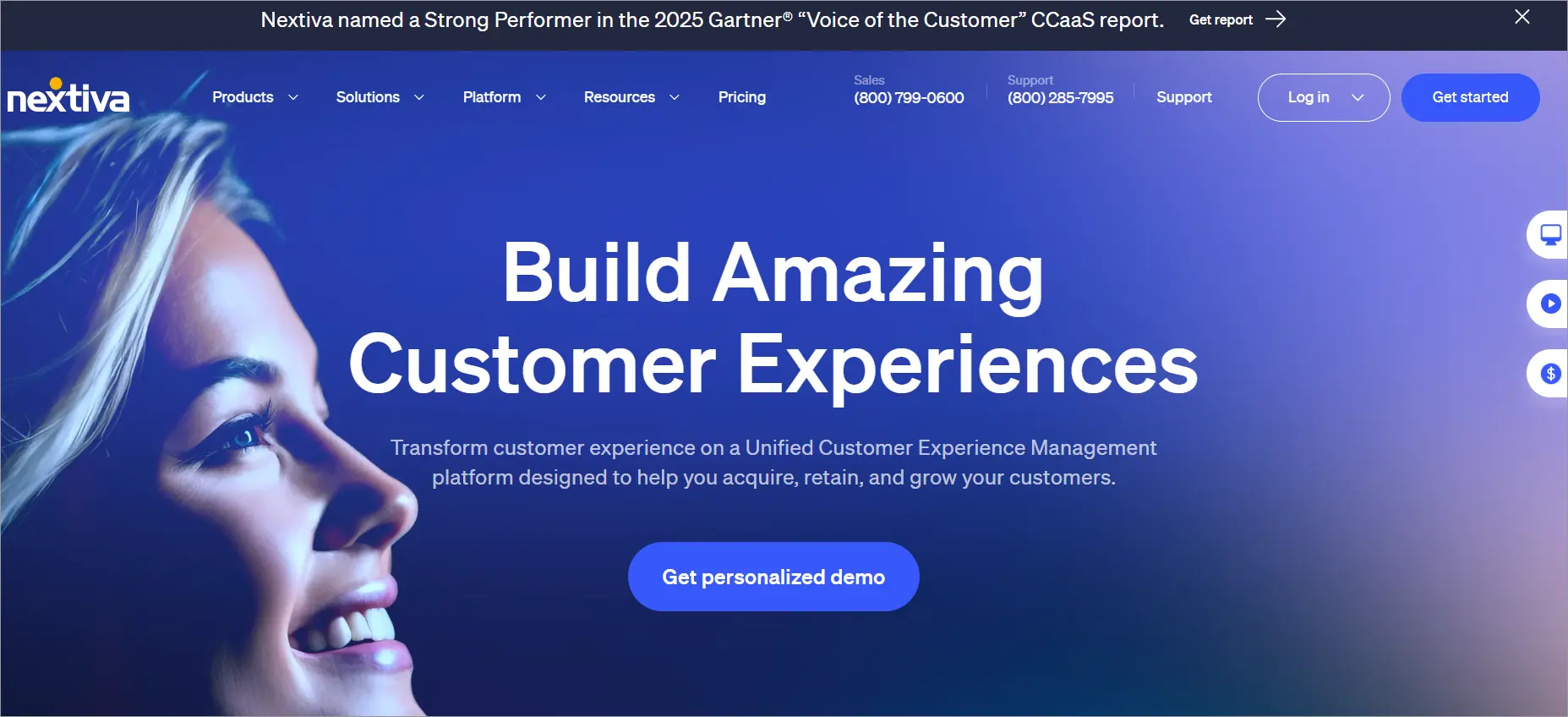 Nextiva homepage: 'Build amazing customer experiences.' Diverse team visuals, vibrant art, and CTAs for pricing and demo.
