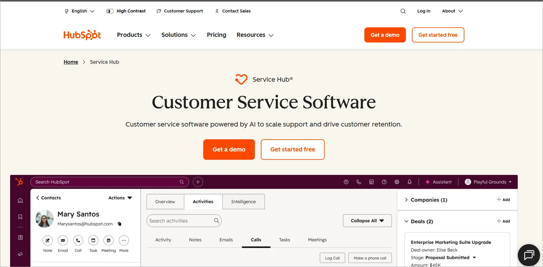 HubSpot Service Hub webpage highlighting customer service software powered by AI, featuring headline text, demo buttons, and a dashboard view with contact details.