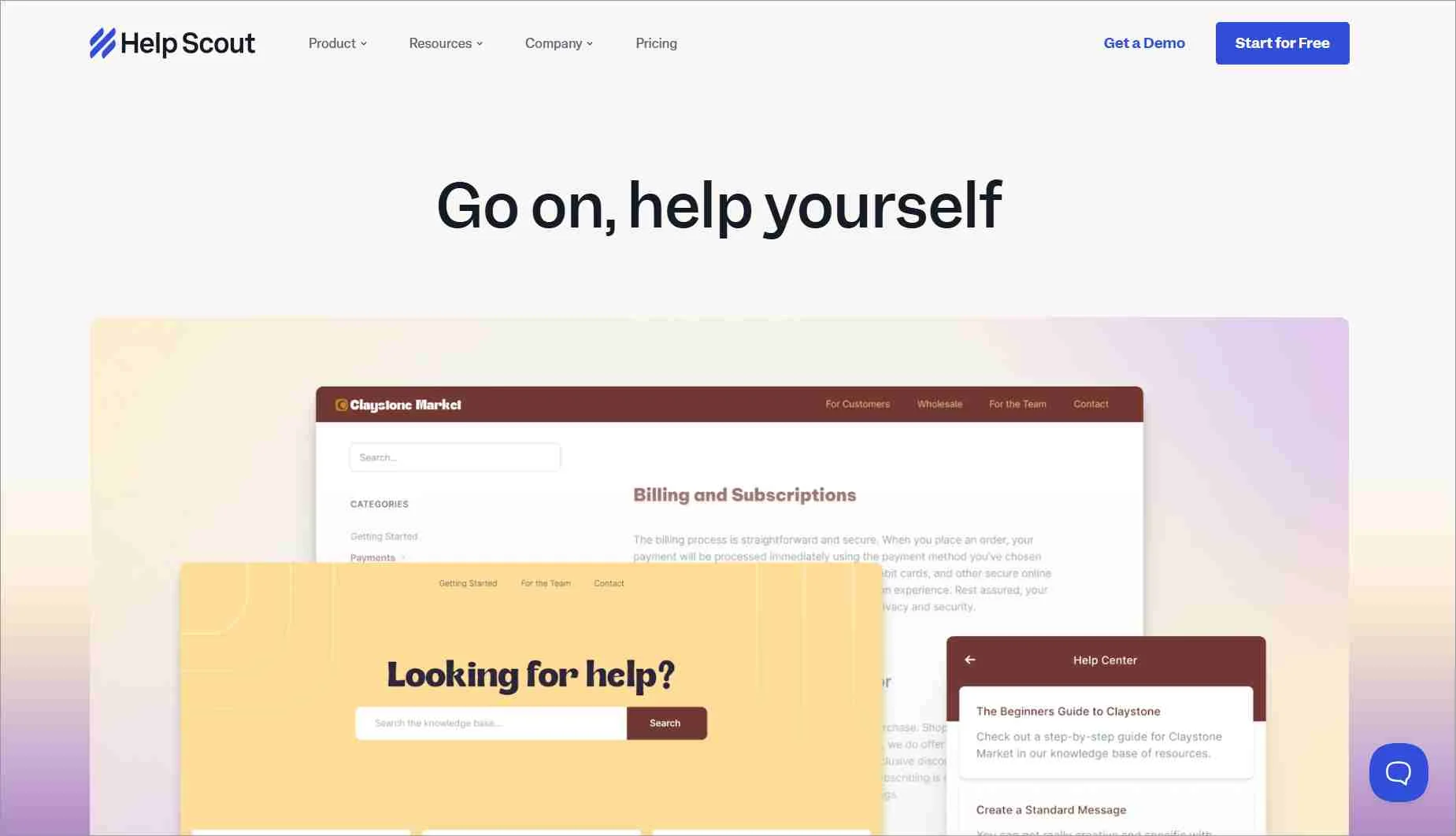 Help Scout homepage with tagline “Go on, help yourself” showing knowledge base search and help center interface previews.
