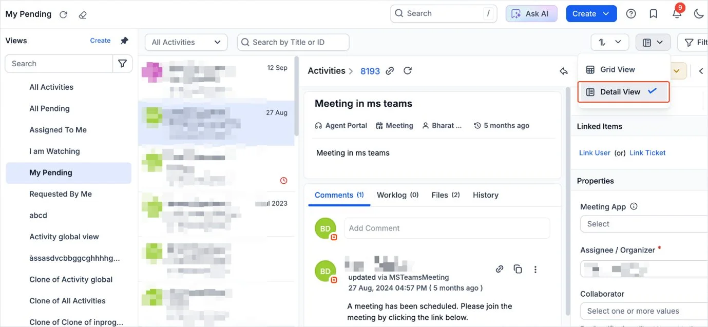 Detail View option in Activity module