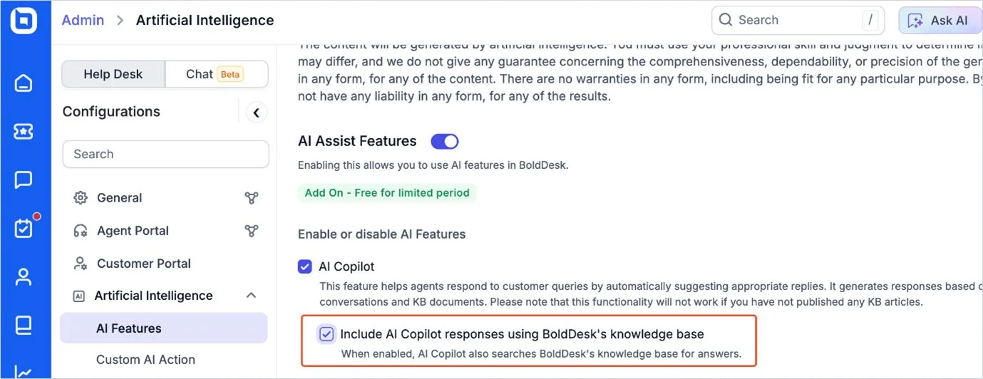 BoldDesk® knowledge base as a response source