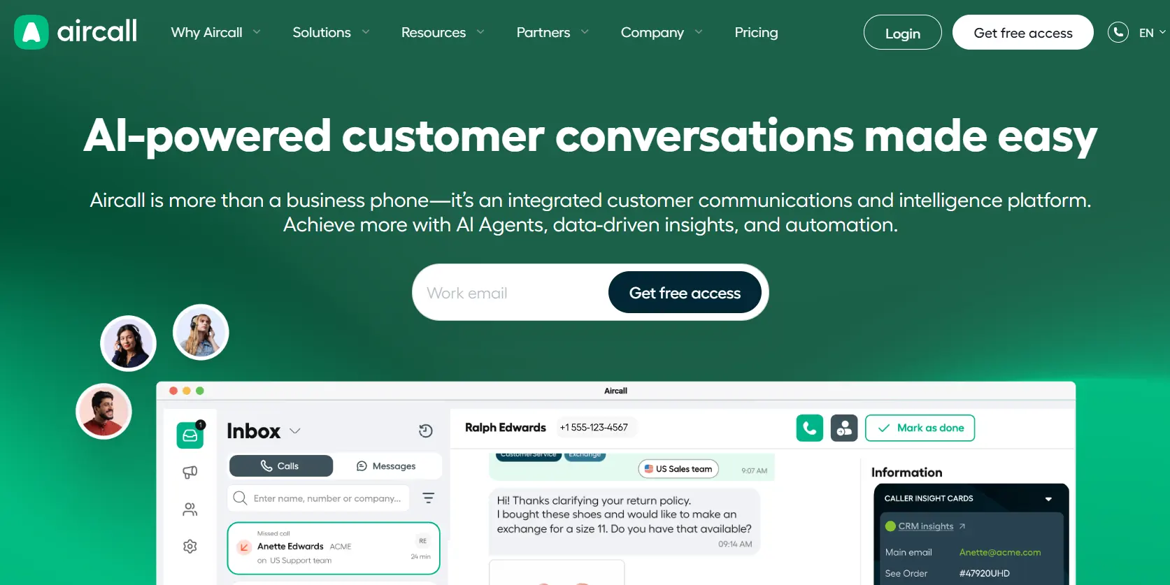 Aircall website homepage highlighting 'AI-powered customer conversations made easy, offering a welcoming tone.