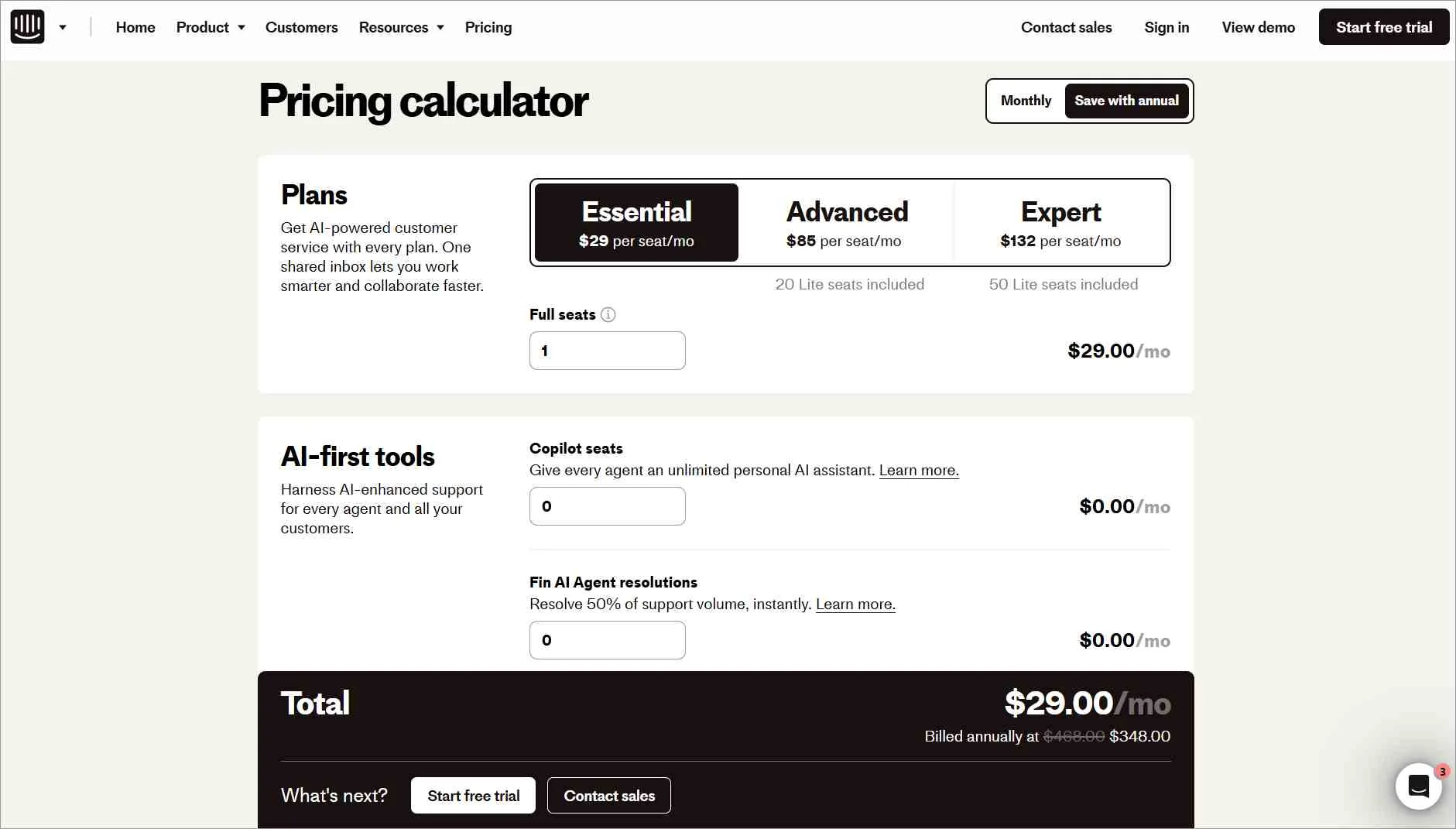Intercom pricing page detailing plans: Essential, Copilot seats, Fin AI Agent resolutions. Total cost $29.00/month.