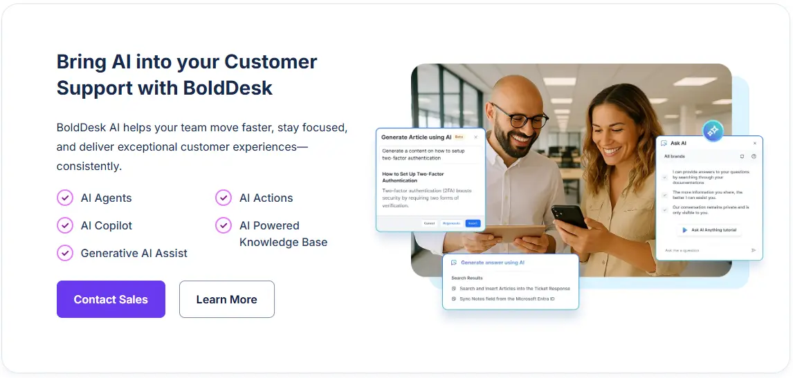 BoldDesk AI customer support software with AI agents, AI copilot, and automated knowledge base features