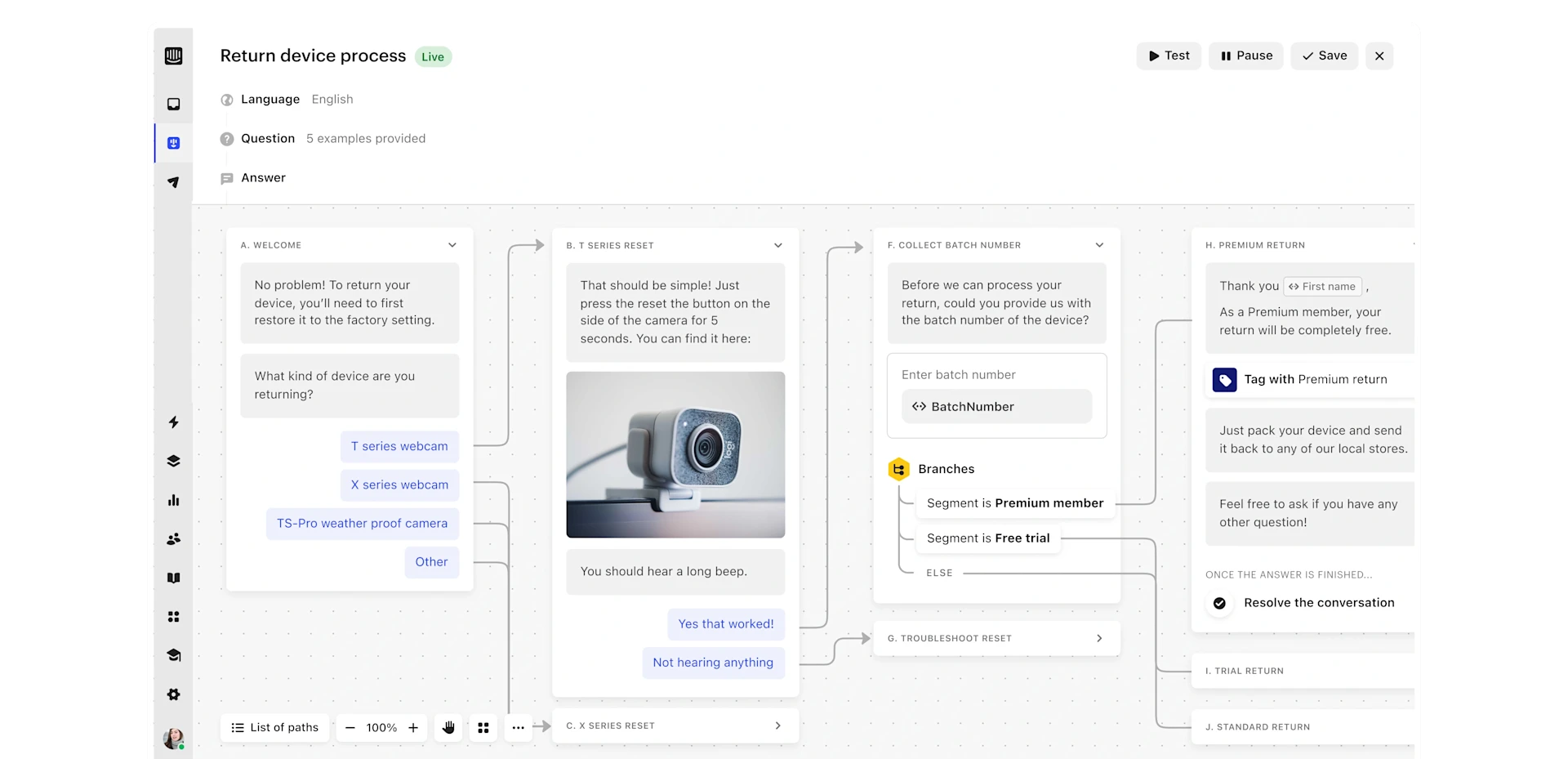 Intercom real time support interface showing in-app messaging and AI-guided return device process