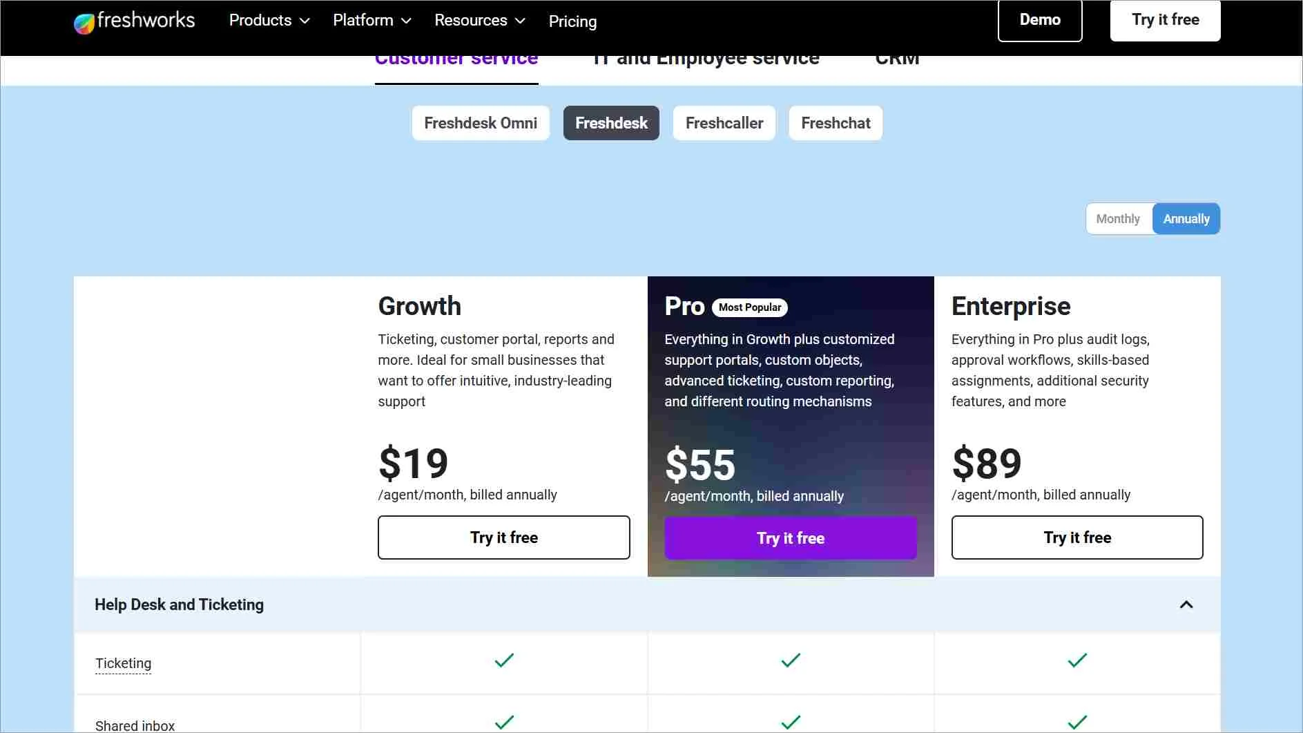 Light blue pricing page showing Freshdesk Growth, Pro, and Enterprise plans in white and purple cards with monthly rates
