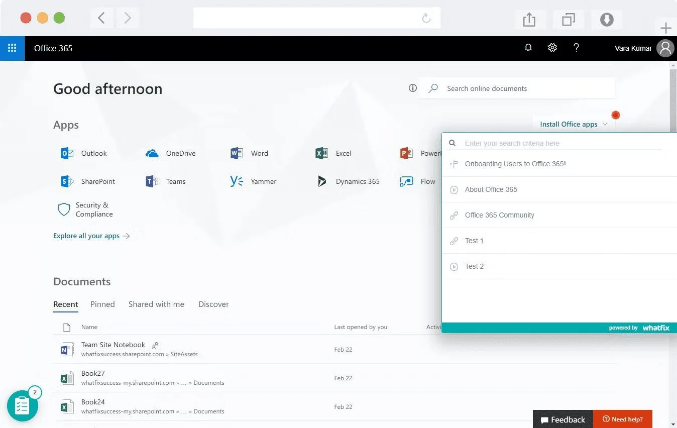 Whatfix real time support pop-up in Office 365 interface showing in-app onboarding and contextual help options