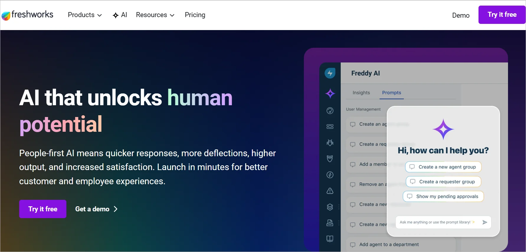 Freshdesk AI ticketing system home page with headline "AI that unlocks human potential," free trial link, and get a demo