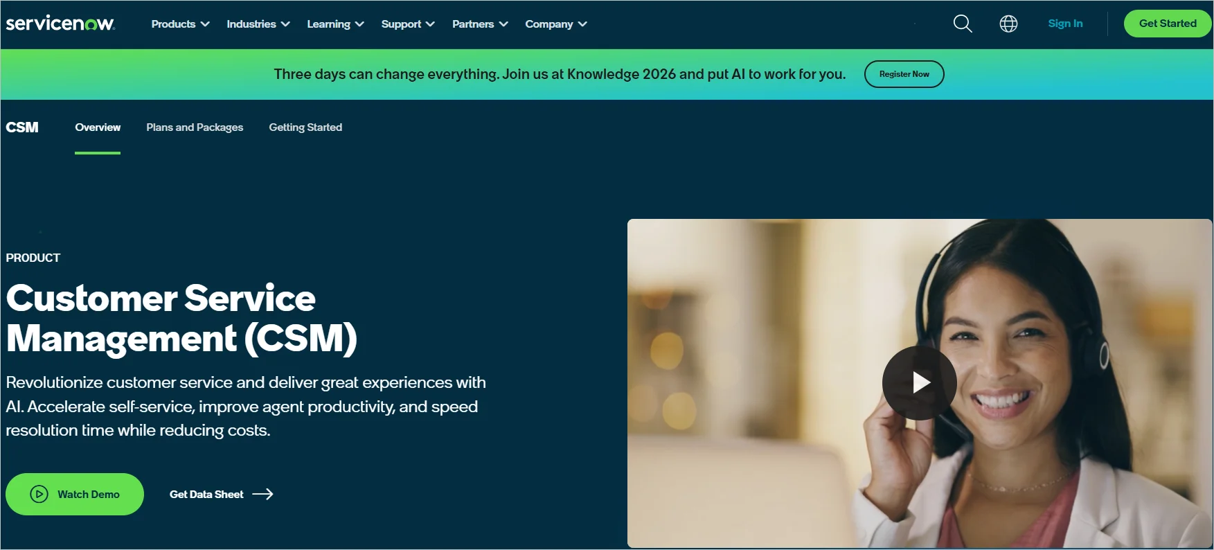 ServiceNow AI ticketing system home page with the headline "Customer service management (CSM)" and a smiling woman
