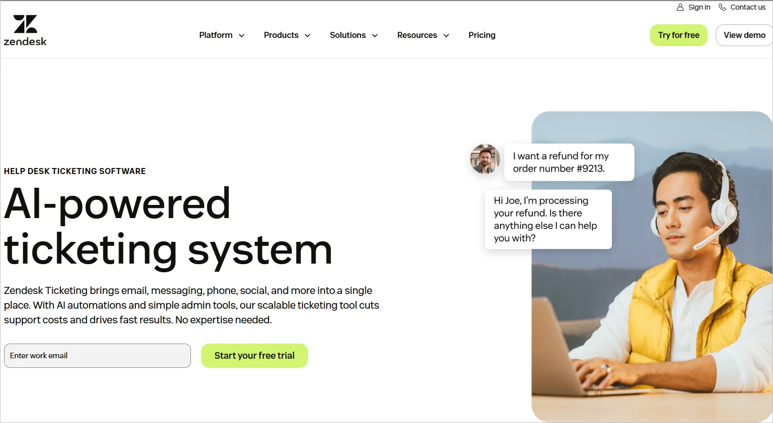 Zendesk's AI-powered ticketing system home page with a young man wearing a yellow jacket and a headset