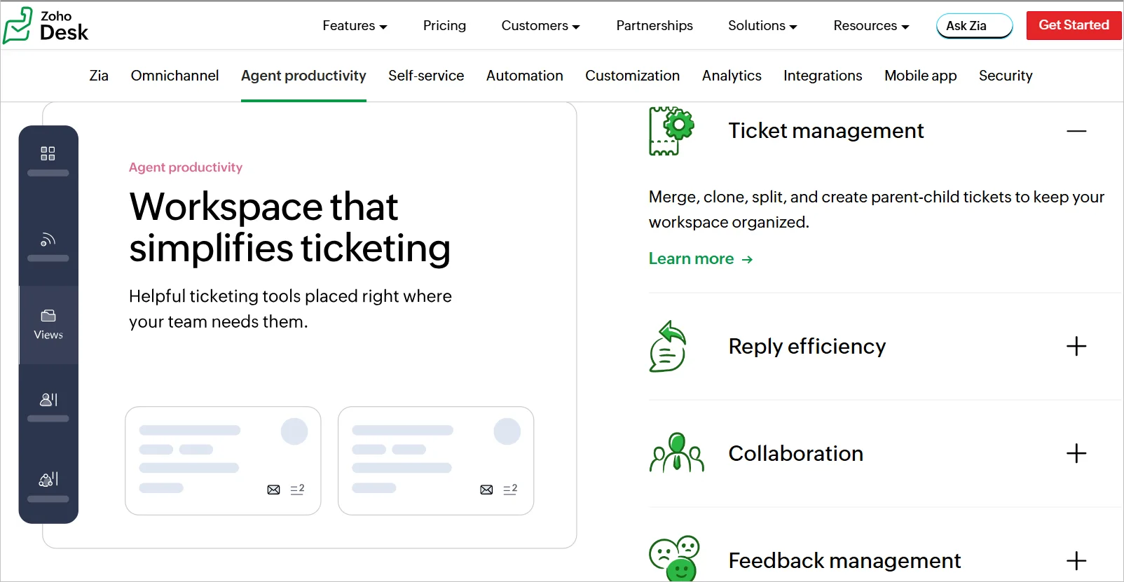 Zoho AI ticketing home page with a visible headline "Workspace that simplifies ticketing" on a white background