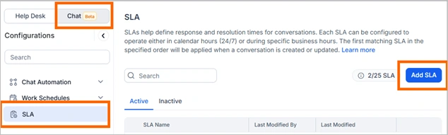 Chat platform SLA configuration interface showing search bar, status toggle, and
