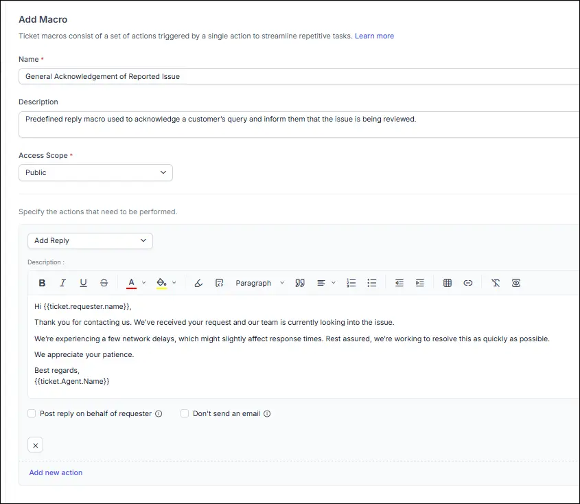 Macro creation interface for ticketing software showing fields for name, description, access scope, and reply template.