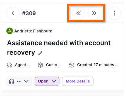 Ticket #309 interface for account recovery with navigation arrows, user icons, and buttons labeled “Open” and “More Details.”
