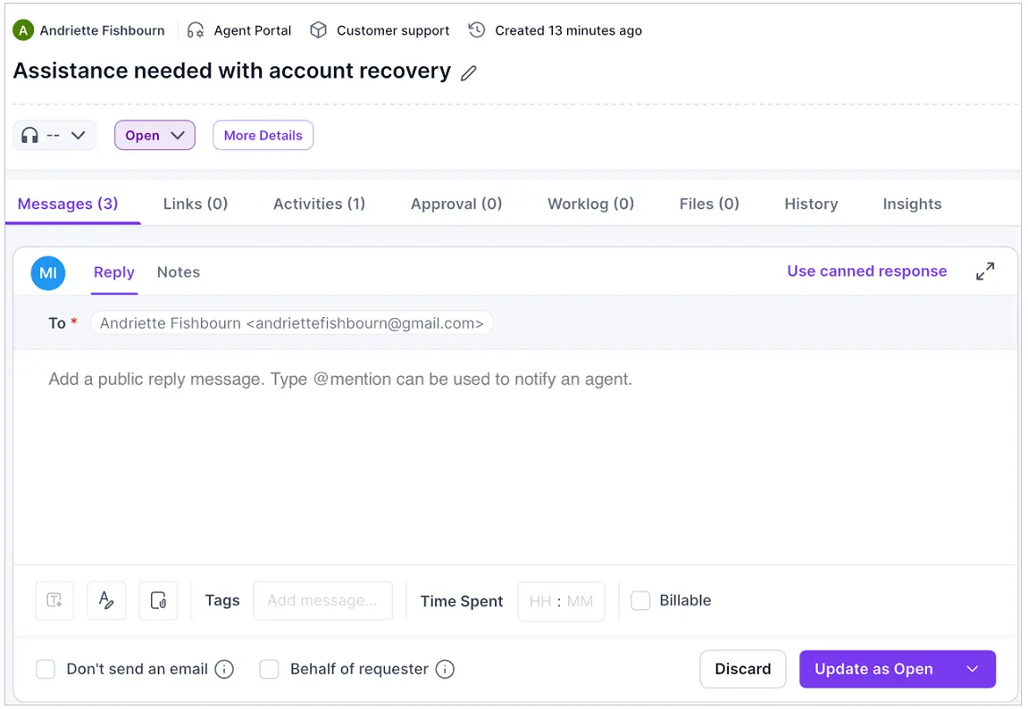 Interface showing support request in open status; subject is account recovery; tabs for messages and activities included.