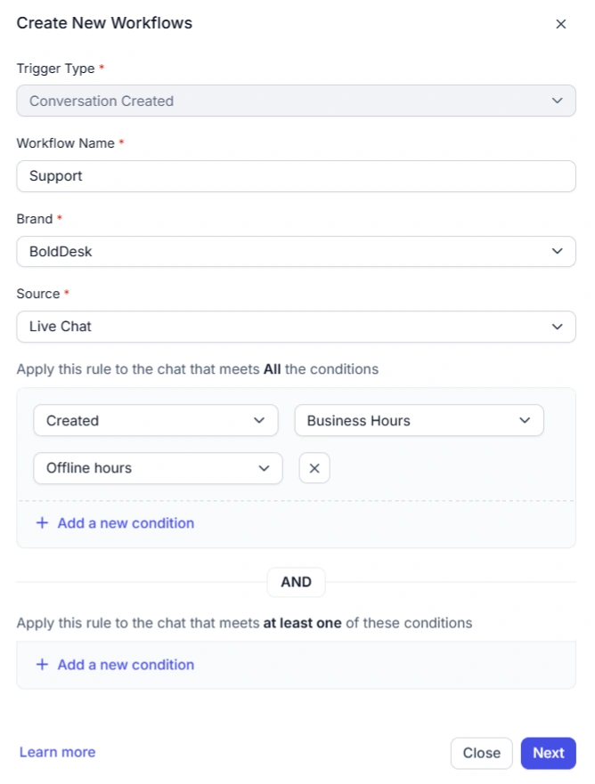 Workflow setup screen with trigger “Conversation Created,” brand “BoldDesk,” source “Live Chat,” and business hour conditions.
